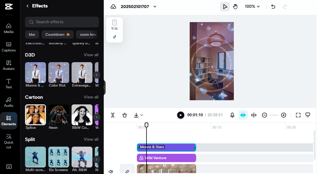 Pippit video editing screen showing a home office with star effects, ideal for video and eCommerce.